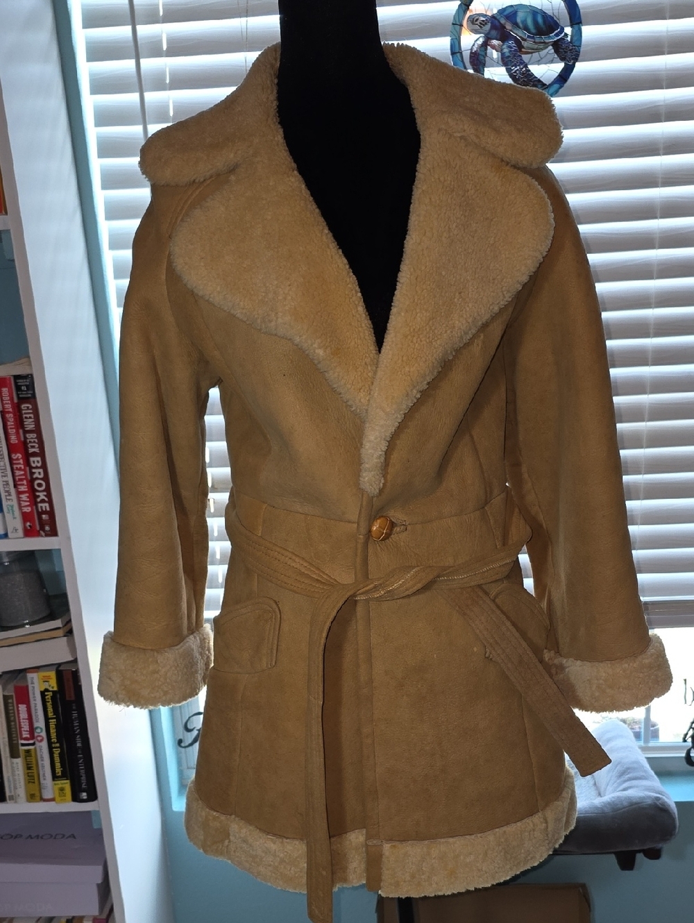 Women's Tan Shearling-Trim Suede Jacket with Belt